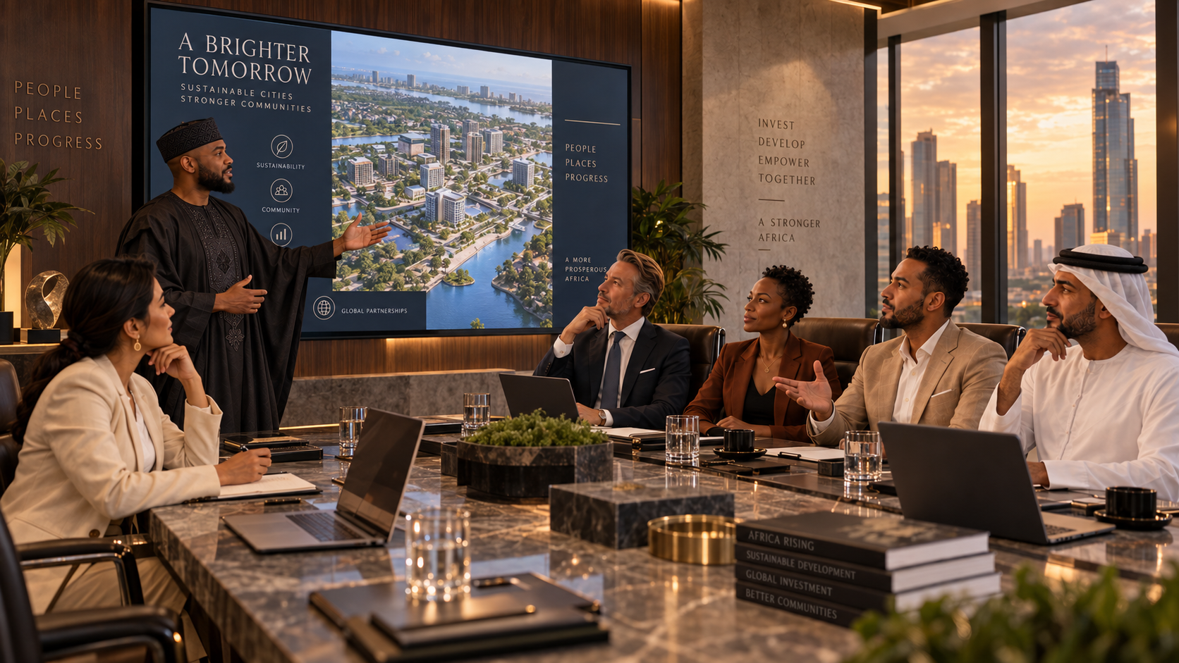 Senior team presenting a sustainable city masterplan to institutional partners in a boardroom