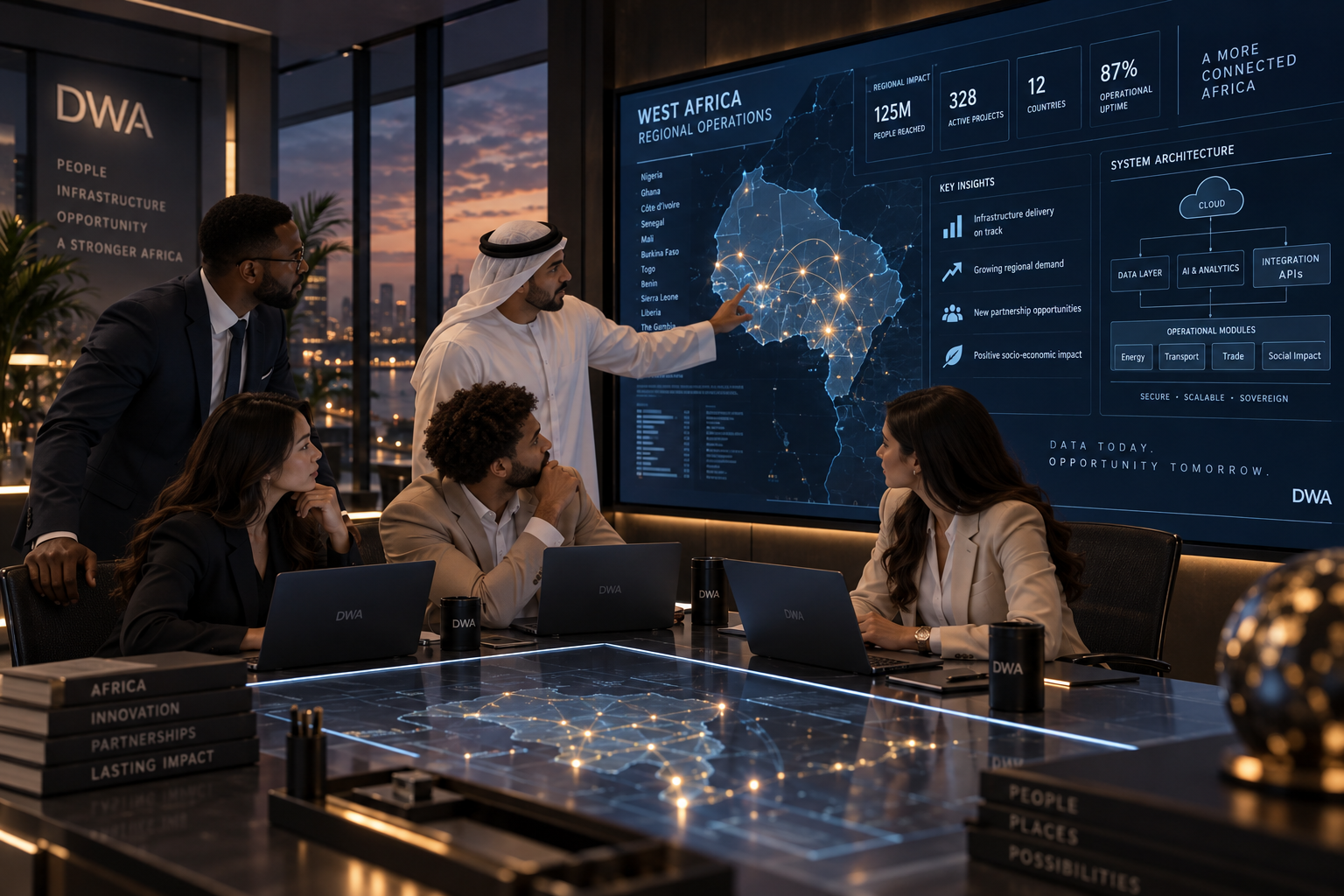 Team reviewing West Africa regional operations and system architecture on an interactive operations display